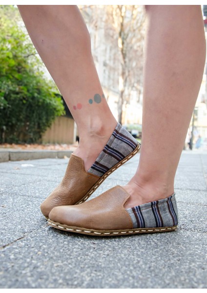 Hemhal - Kahverengi / Kutnu Kumaşlı, El Yapımı, Deri Barefoot Ayakkabı – Yemeni