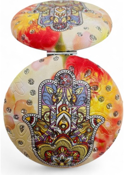 Cep Çanta Makyaj Aynası - Şık Desenli - Taşlı - Çift Taraflı - Yuvarlak 7 cm