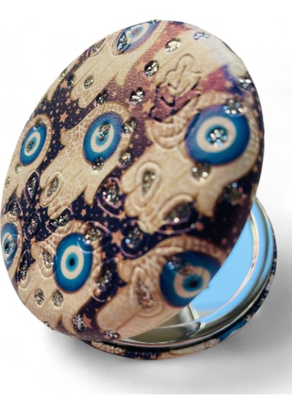 Cep Çanta Makyaj Aynası - Şık Desenli - Taşlı - Çift Taraflı - Yuvarlak 7 cm