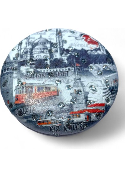 Cep Çanta Makyaj Aynası - Şık Desenli - Taşlı - Çift Taraflı - Yuvarlak 7 cm