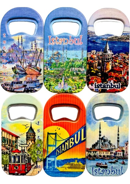 Galata Gift Şişe Açacağı, Açacak Magnet Altı (6) Adet Istanbul Temalı Buzdolabı Magneti, Soda Açacağı 9cm