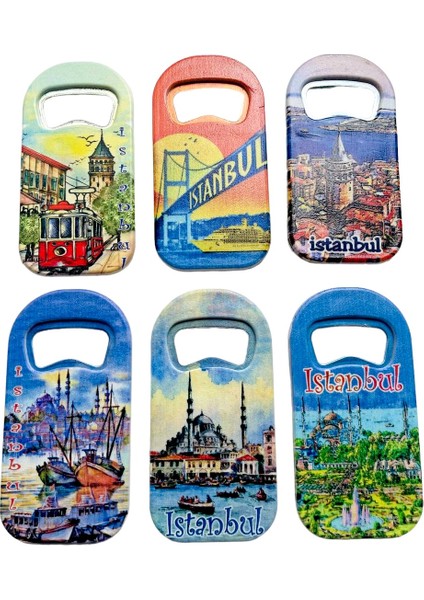 Galata Gift Şişe Açacağı, Açacak Magnet Altı (6) Adet Istanbul Temalı Buzdolabı Magneti, Soda Açacağı 9cm modelleri