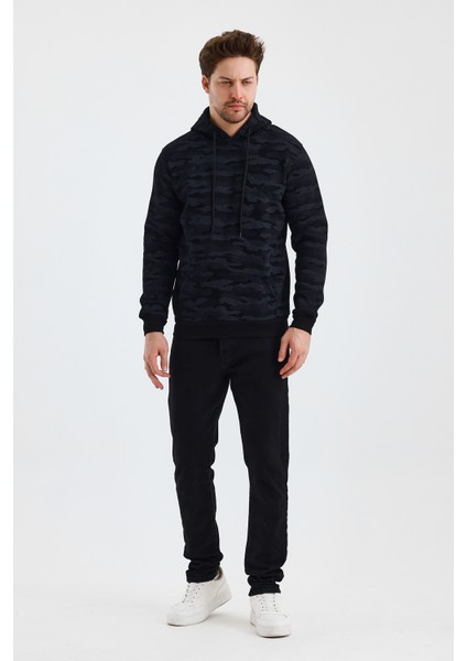 Erkek Kapşonlu Kamuflaj Baskılı 3 Iplik Sweatshirt