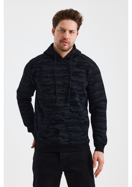 Erkek Kapşonlu Kamuflaj Baskılı 3 Iplik Sweatshirt