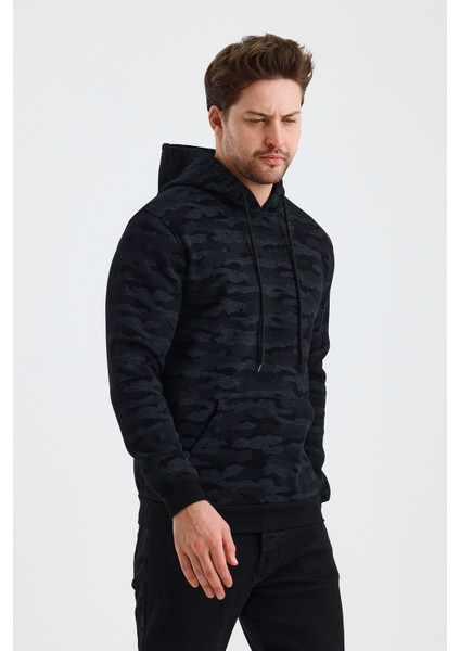 Erkek Kapşonlu Kamuflaj Baskılı 3 Iplik Sweatshirt