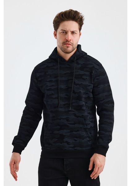 Erkek Kapşonlu Kamuflaj Baskılı 3 Iplik Sweatshirt