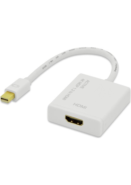Mini Displayport (Mini Dp) HDMI Adaptörü, Kablolu, Mini Dp Erkek - HDMI A Dişi, 2160P, 2x Zırhlı, AWG32, 0.20 Metre, 4k/2k, Aktif Çevirici, Ul, Ce, Beyaz Renk, Nikel Kaplama