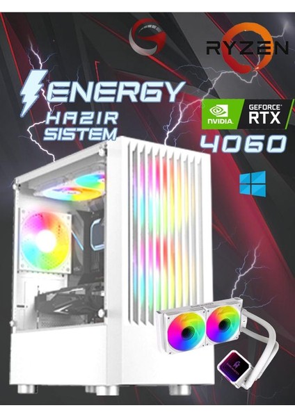 Energy Ryzenrtx 4060 8gb Ryzen 5 5600 16GB Ram 512GB Nvme M.2 SSD Beyaz Oyuncu Masaüstü Bilgisayarı