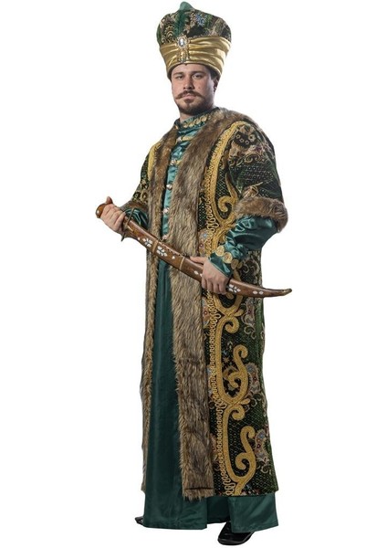 Köylü Kostüm Fatih Sultan Mehmed Kıyafeti Yetişkin Erkek Osmanlı Padişah Kostümü Yeşil