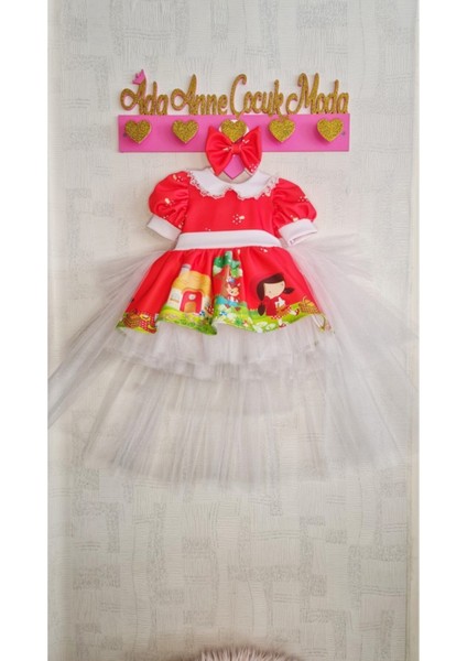 Kız Çocuk Kırmızı Başlıklı Tüllü Kuyruklu Kabarık Elbise