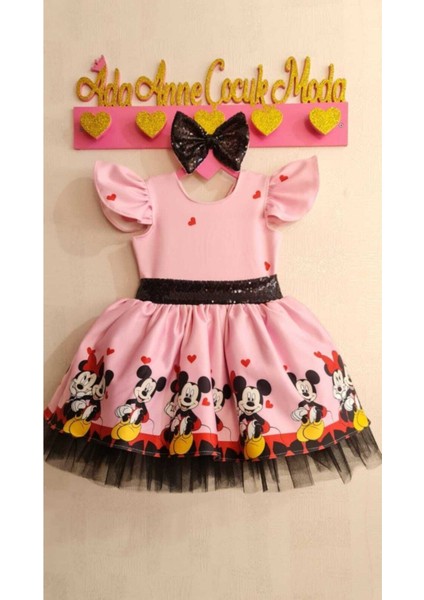 Kız Çocuk Pembe Mickey Mouse Desenli Kabarık Elbise modelleri