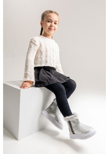 Kız Çocuk Gümüş Simli Suni Deri Kürklü Anatomik Kar Botu