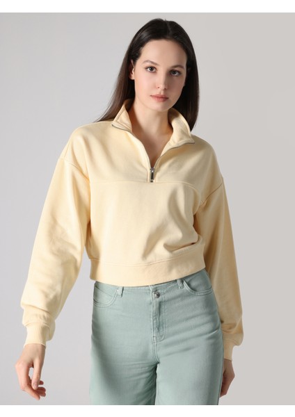 Fermuarlı Dik Yaka Sarı Kadın Sweatshirt CL1062590_Q1.V2_LYL