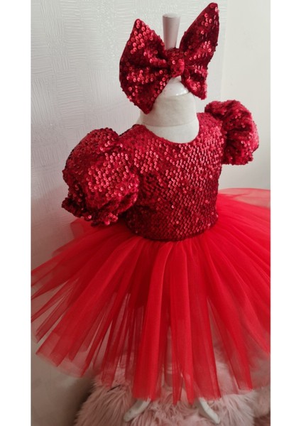 Kırmızı Peyetli Kadife Kabarık Tüllü Elbise