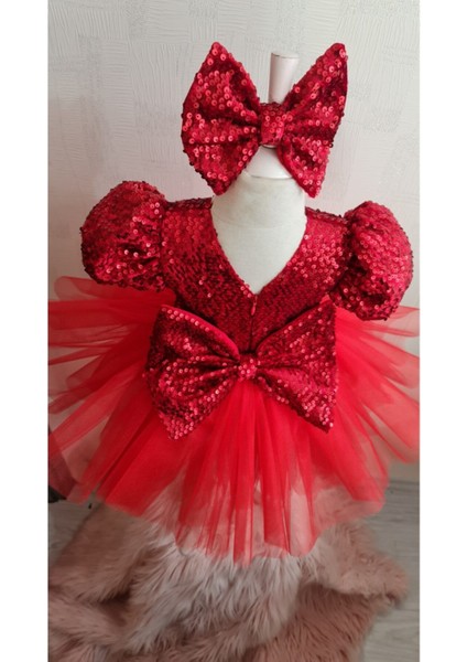 Kırmızı Peyetli Kadife Kabarık Tüllü Elbise fiyatları