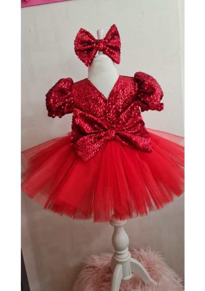 Kırmızı Peyetli Kadife Kabarık Tüllü Elbise modelleri