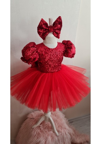 Kırmızı Peyetli Kadife Kabarık Tüllü Elbise fırsatları