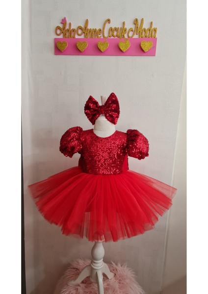 Kırmızı Peyetli Kadife Kabarık Tüllü Elbise indirimleri