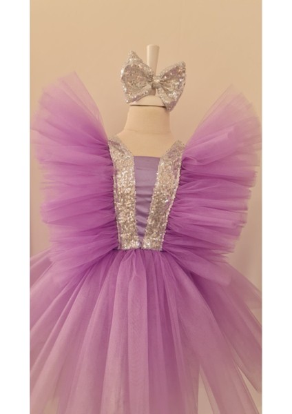 Lila Tütülü Kabarık Gümüş Payet Detaylı Abiye Elbise