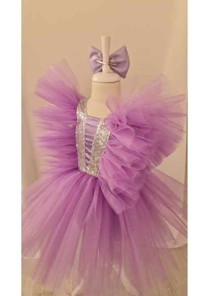 Lila Tütülü Kabarık Gümüş Payet Detaylı Abiye Elbise modelleri