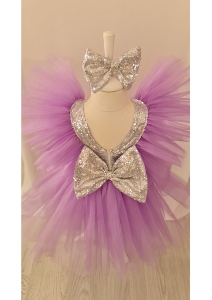 Lila Tütülü Kabarık Gümüş Payet Detaylı Abiye Elbise indirimleri