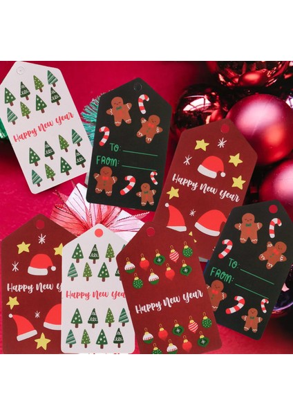 Yılbaşı Karışık Temalı Hediye Etiketi(27 Adet) & Kırmızı Beyaz Ip Setı(10m), Paketleme Kartı,4,5x8cm modelleri
