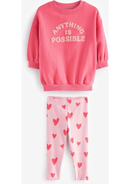 Kız Çocuk Pembe Süzene Sloganlı Kışlık 3 Iplik Pamuklu Sweatshirt Kalpli Tayt Alt-Üst Takım