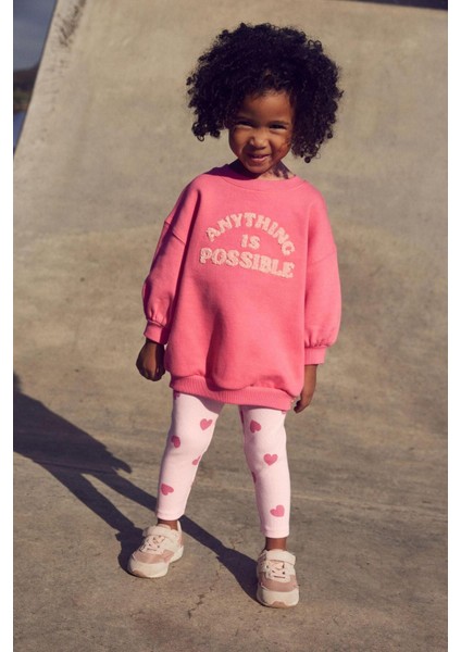 Kız Çocuk Pembe Süzene Sloganlı Kışlık 3 Iplik Pamuklu Sweatshirt Kalpli Tayt Alt-Üst Takım fiyatları