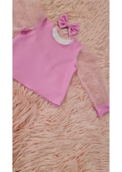 Kız Çocuk Kolları Tüllü Gül Kurusu Pembe Bluz fiyatları
