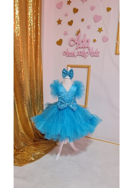 Kız Çocuk Mavi Tüllü Kabarık Payet Detaylı Tasarım Elbise fiyatları