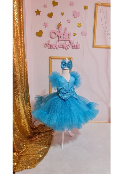 Kız Çocuk Mavi Tüllü Kabarık Payet Detaylı Tasarım Elbise fırsatları