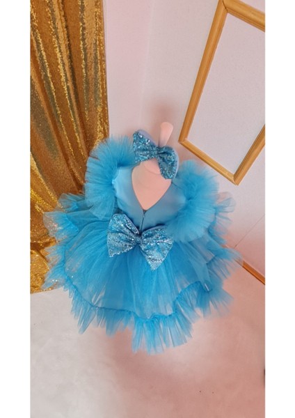 Kız Çocuk Mavi Tüllü Kabarık Payet Detaylı Tasarım Elbise indirimleri