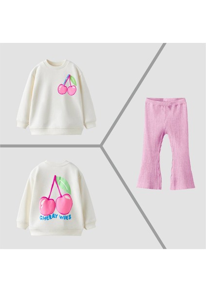Kız Çocuk Kiraz Desenli Fitilli Ispanyol Paça Taytlı 3 Iplik Alt Üst Takım