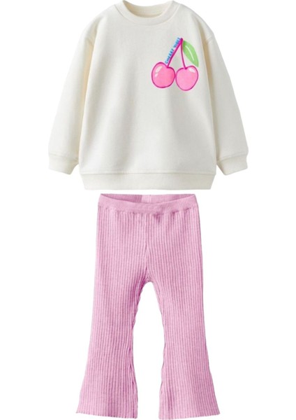 Kız Çocuk Kiraz Desenli Fitilli Ispanyol Paça Taytlı 3 Iplik Alt Üst Takım fiyatları