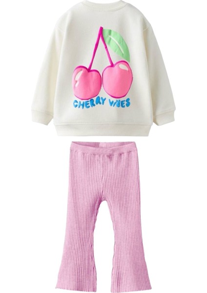Kız Çocuk Kiraz Desenli Fitilli Ispanyol Paça Taytlı 3 Iplik Alt Üst Takım modelleri