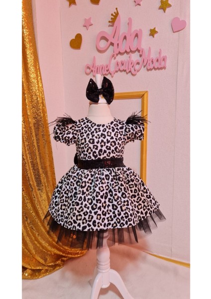 Kız Çocuk Leopar Desenli Siyah Tüllü Kabarık Elbise