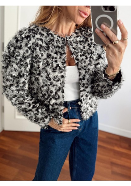 Kadın Leopar Tüylü Pul Silver Ceket 1400 modelleri
