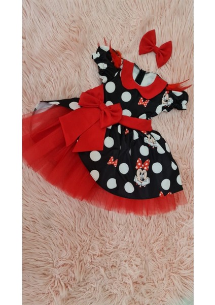 Kız Çocuk Mickey Mouse Desenli Kırmızı Tüllü Kabarık Tasarım Elbise