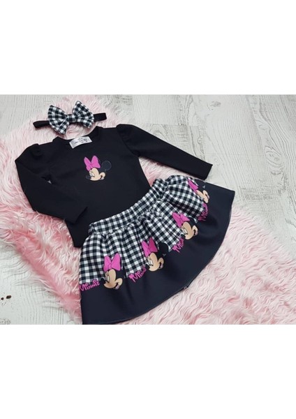 Kız Çocuk Kareli Kumaş Mickey Mouse Baskılı Etek Bluz Takım