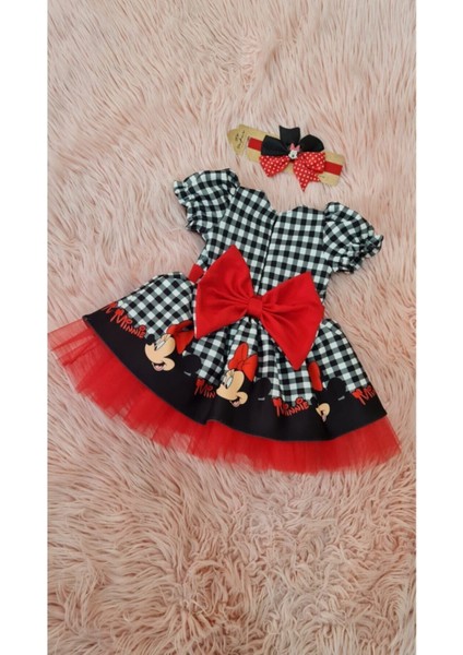 Kareli Mickey Mouse Baskılı Kırmızı Tüllü Kabarık Elbise