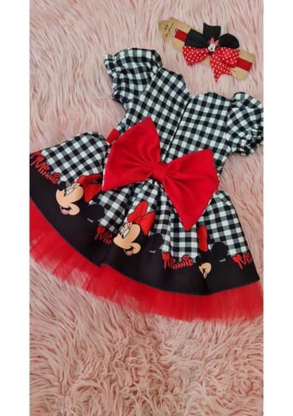 Kareli Mickey Mouse Baskılı Kırmızı Tüllü Kabarık Elbise fiyatları