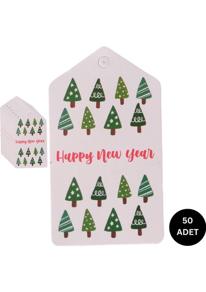 Yılbaşı Çam Ağaçları Temalı Hediye Etiketi, Yeniyıl Paketleme Kartı-Happy New Year, 50 Adet, 4,5x8cm