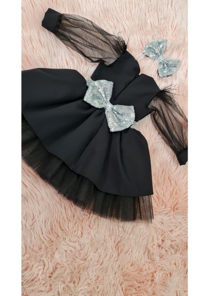 Kız Çocuk Siyah Kolları Tül Detay Kabarık Abiye Elbise