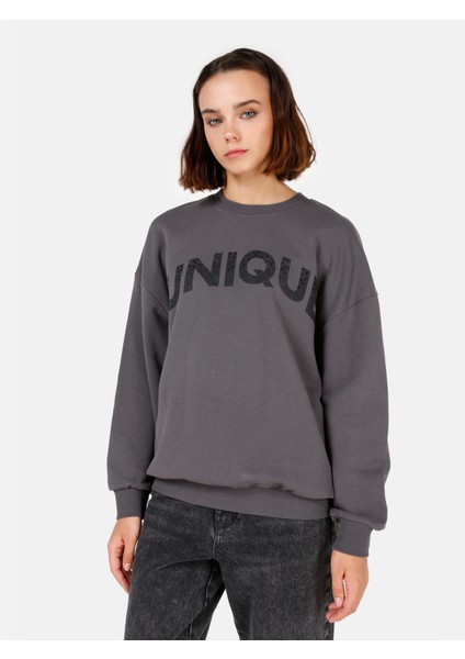 Normal Kesim Bisiklet Yaka Baskılı Antrasit Kadın Sweatshirt CL1070251
