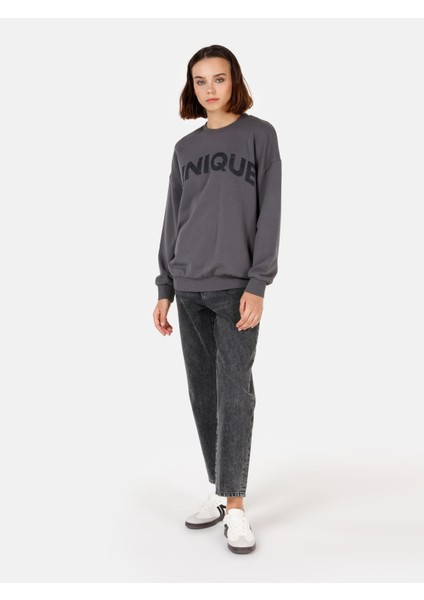 Normal Kesim Bisiklet Yaka Baskılı Antrasit Kadın Sweatshirt CL1070251
