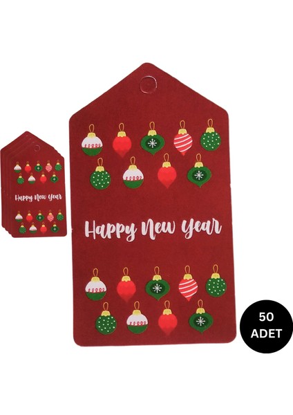 Yılbaşı Süs Küre Temalı Hediye Etiketi, Yeniyıl Paketleme Kartı-Happy New Year, 50 Adet, 4,5x8 Cm