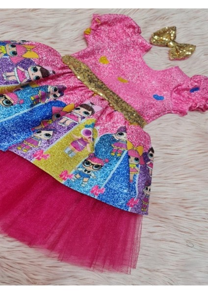 Kız Çocuk Lol Bebekli Fuşya Tüllü Kabarık Elbise fiyatları