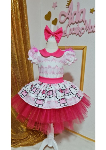 Kız Çocuk Pembe Hello Kitty Desenli Kabarık Tüllü Elbise