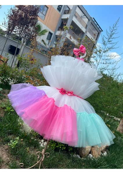 Kız Çocuk Kabarık Tüllü Renkli Abiye Elbise