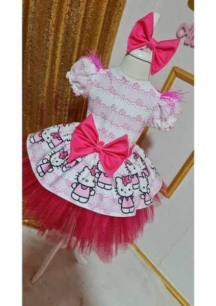 Kız Çocuk Pembe Hello Kitty Desenli Kabarık Tüllü Elbise modelleri